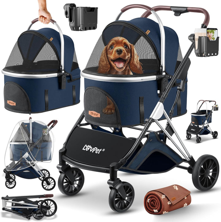 LOVPETยฎ Hundewagen 3in1 Hundebuggy Hundebox Transporttasche 360ยฐ Grosse Rรคder Faltbar klappbar Haust
