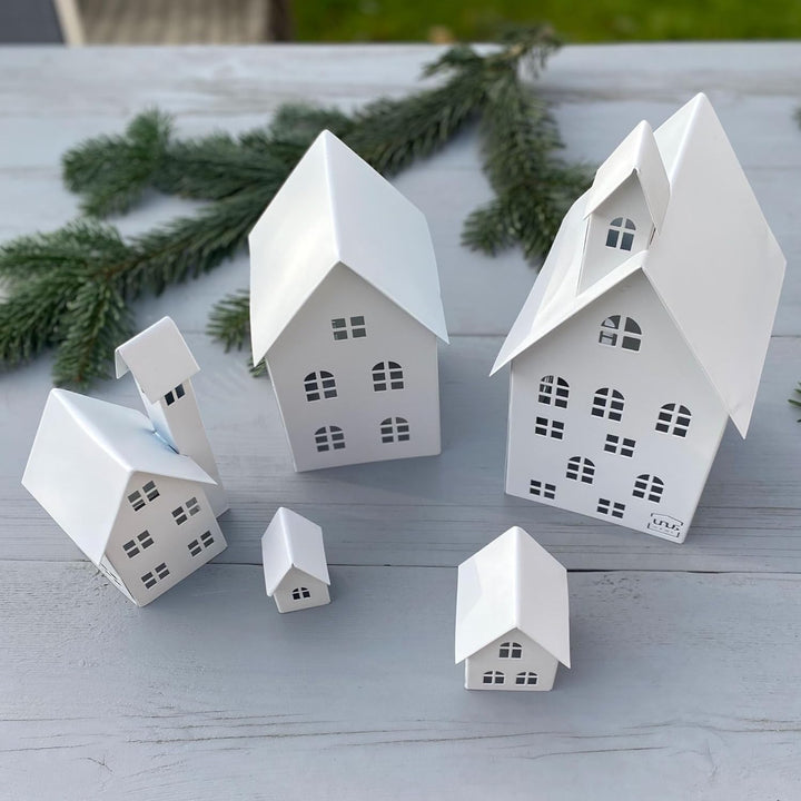 UNUS Deko Häuser 5er Set, Lichthäuser aus Metall, in Weiss, Herbstdeko Outdoor, Weihnachtsdorf für G