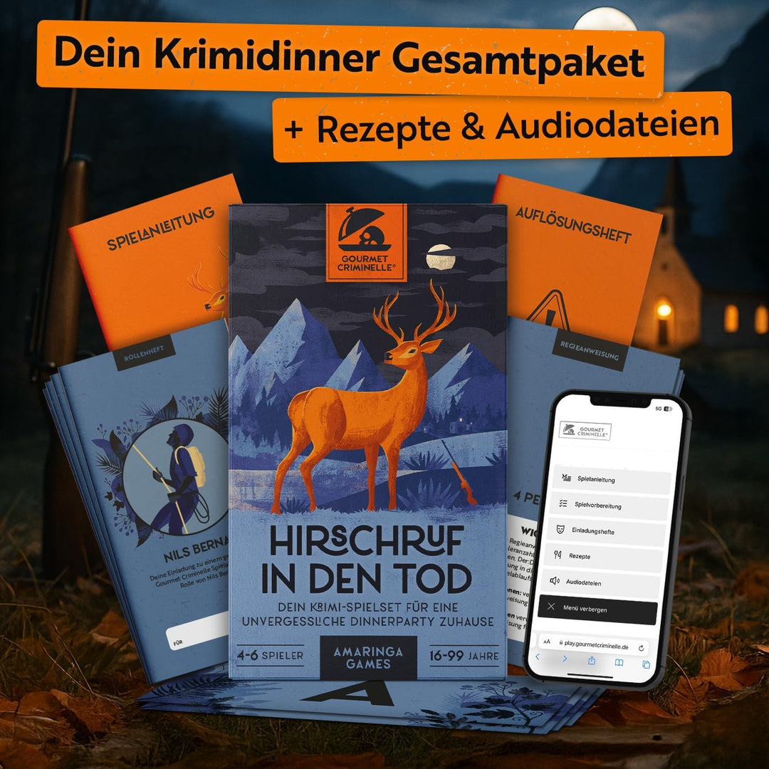 Gourmet Criminelle® Krimidinner für zuhause I 4-6 Personen I Mysteriöser Mordfall Hirschruf in den T