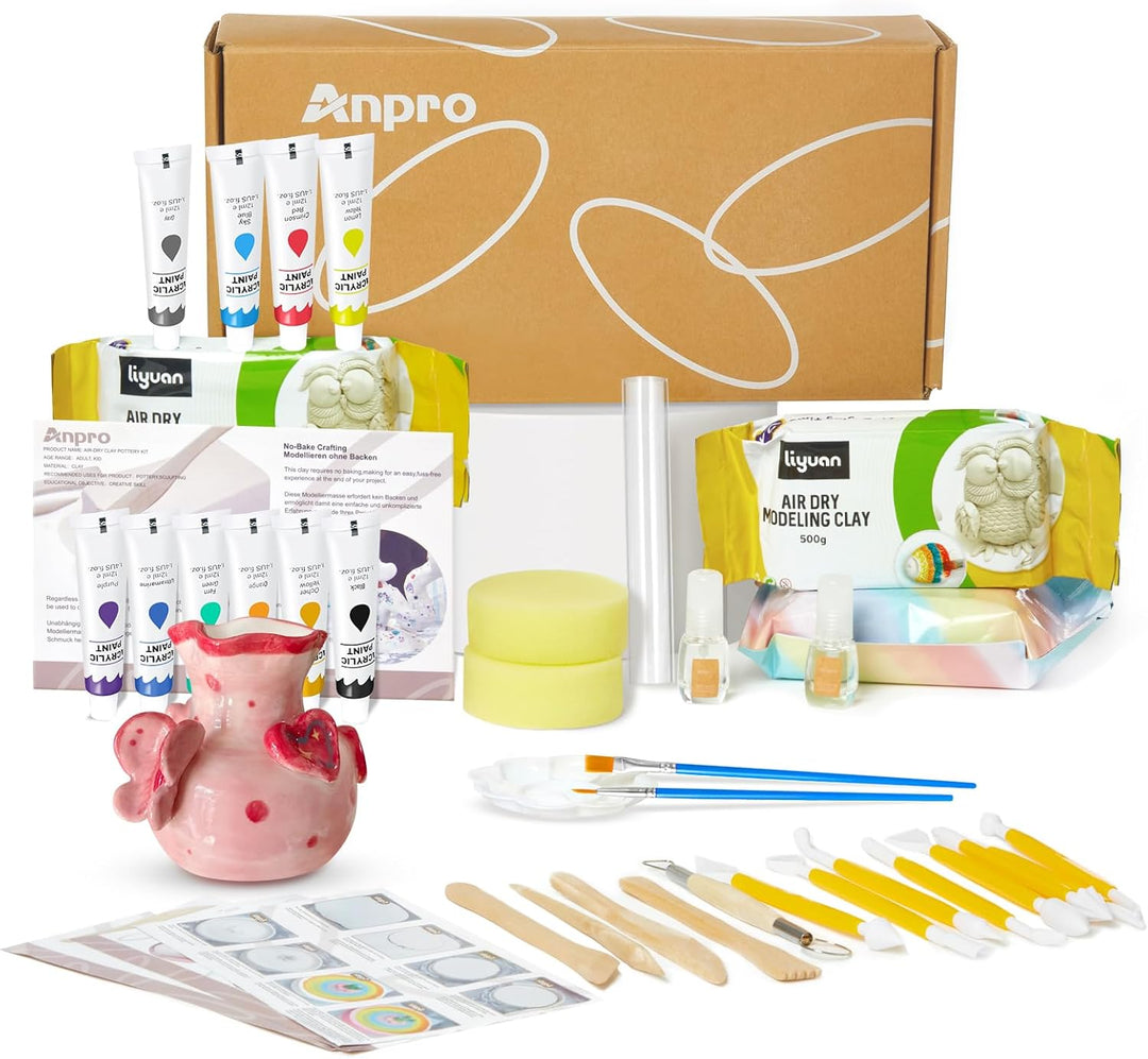 Anpro Lufttrocknendes Ton-Töpfer-Set für Anfänger, Töpferset für Zuhause, Keramik Set für Erwachsene
