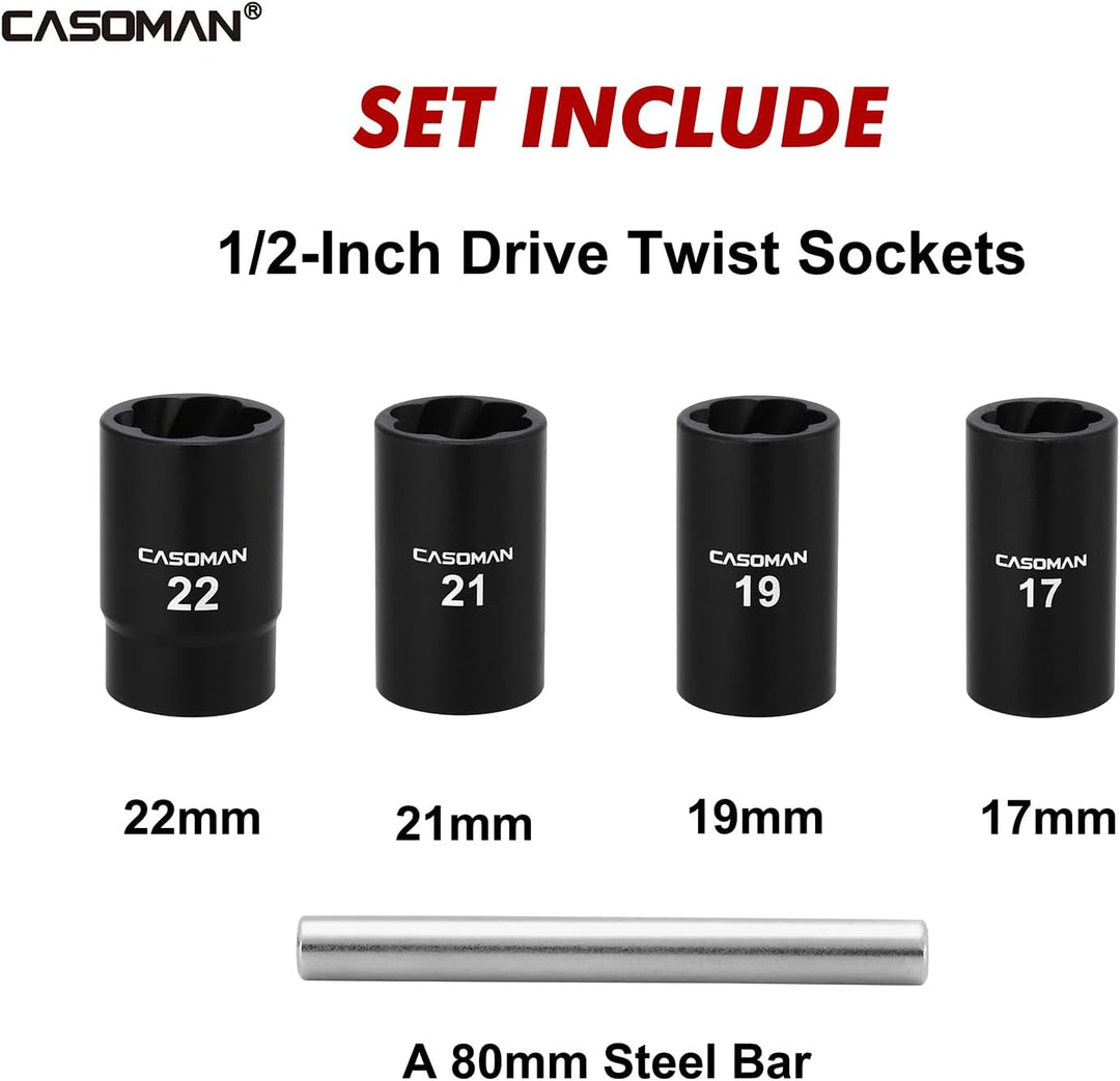 CASOMAN 5 Stück 1/2 Zoll Dr. Dreh-Steckschlüssel-Set, Radmuttern-Entferner-Werkzeug, metrische Schra