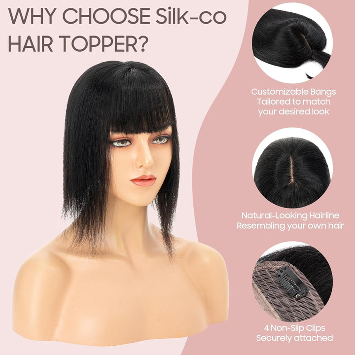 Silk-co Hair Topper Echthaar mit langem Pony, Toupet Damen 10x12cm Basis, Haartopper Echthaar mit Re