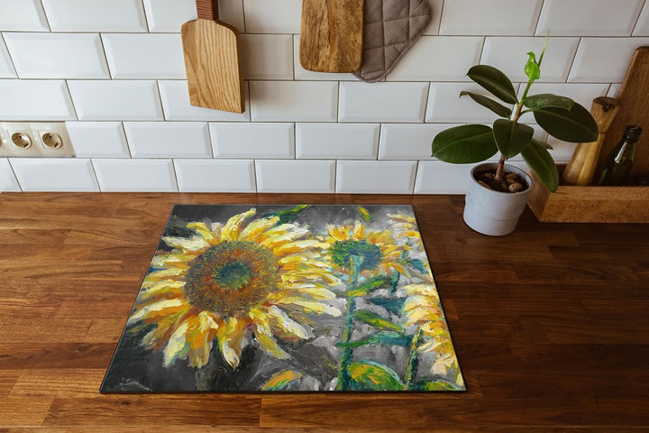 Sonnenblumen vor blauem Hintergrund B&W Detail Herdabdeckplatte & Spritzschutz aus Echtglas | Für He