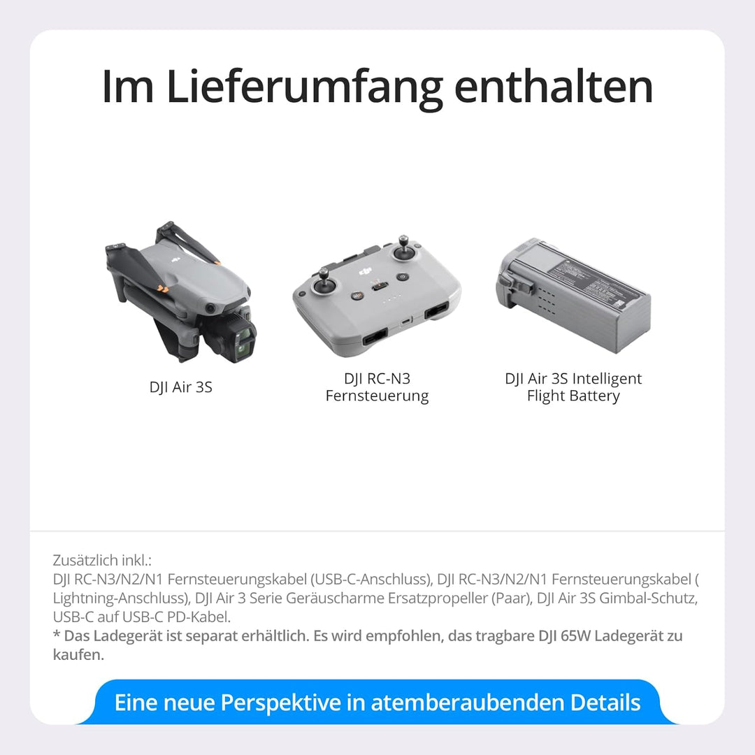DJI Air 3S (RC-N3), Drohne mit 4K-Kamera, Dual-Kameradrohne mit 1" CMOS Weitwinkelkamera, 4K/60fps H