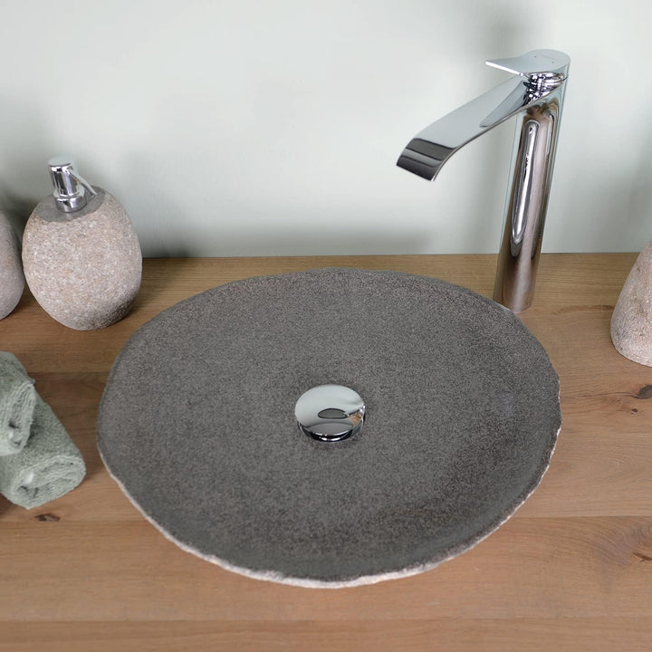 Naturstein Waschbecken 50 cm grau rund - Flussstein-Waschbecken flach Aufsatzwaschbecken WOHNFREUDEN