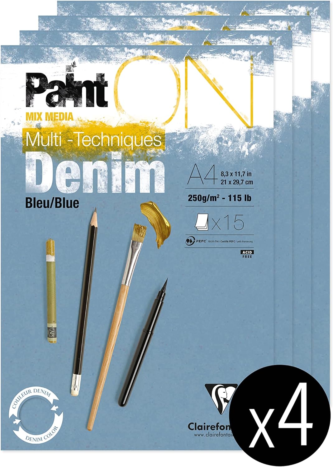 Clairefontaine 975701C - Packung mit 4 Blöcken Paint´ON Denim, DIN A4, kopfseitig geleimt, 15 Blatt,
