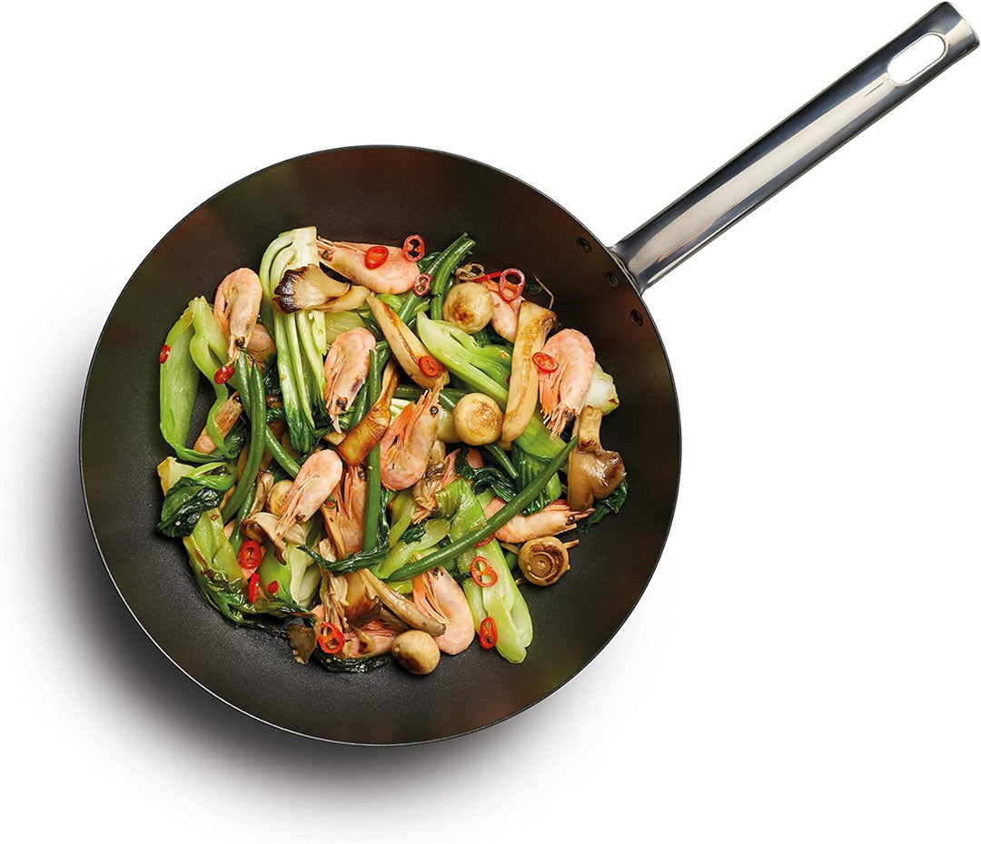 KitchenCraft MasterClass Wok, 2mm dicker Karbonstahl, Antihaftbeschichtung, Edelstahlgriff, Induktio