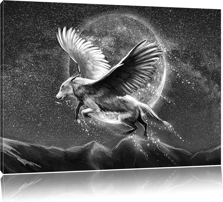 Pixxprint Wolf mit Flügeln Kunst B&W / 100x70cm Leinwandbild bespannt auf Holzrahmen/Wandbild Kunstd