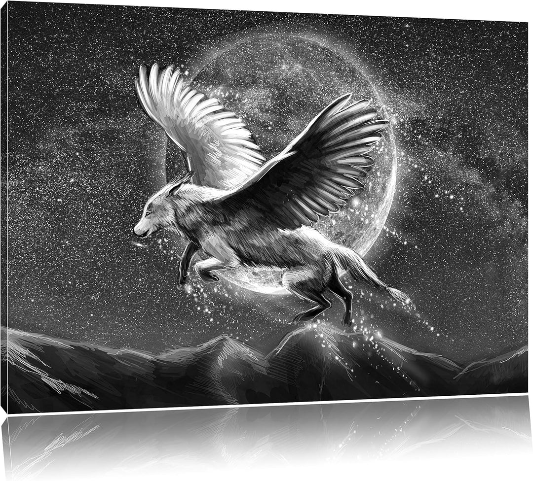 Pixxprint Wolf mit Flügeln Kunst B&W / 100x70cm Leinwandbild bespannt auf Holzrahmen/Wandbild Kunstd