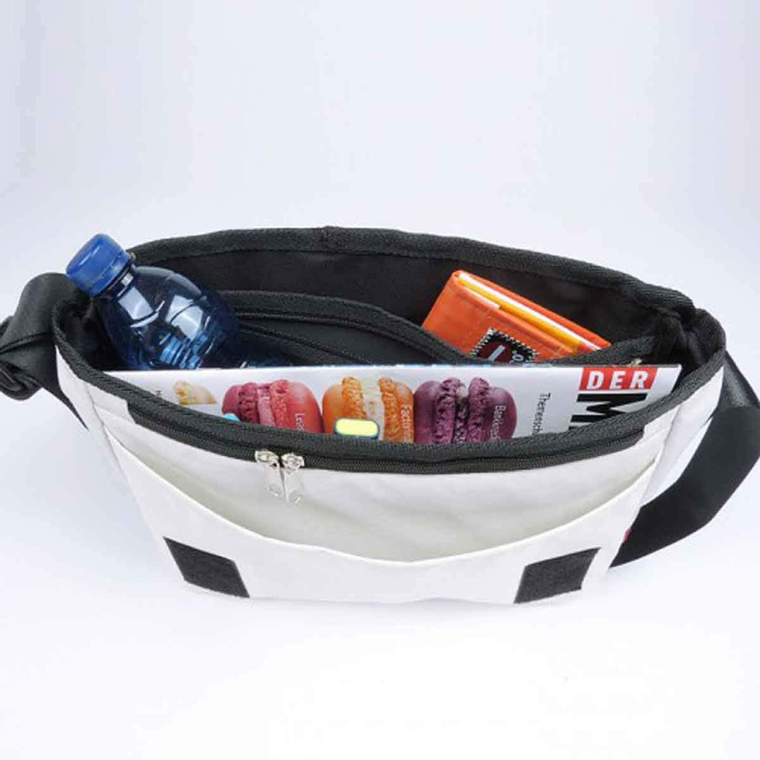 360° Barkasse-Mini Umhängetasche Weiss-blau - Zahl orange, Gurt blau, Segeltuchtasche