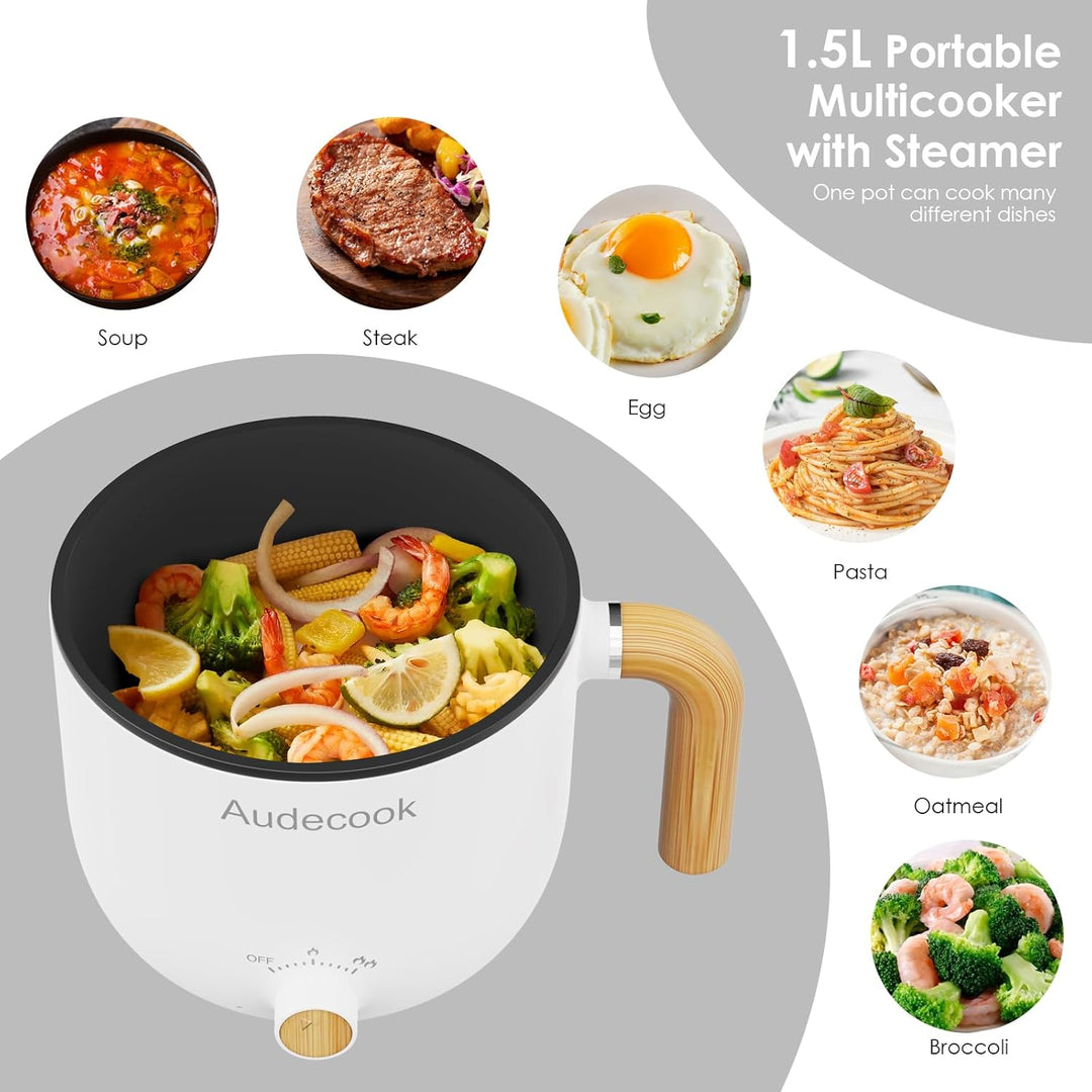 Audecook Elektrische Hot Pot und Dampfgarer, 1.5L Tragbare Mini Antihaft Multikocher, Ramen Kocher,
