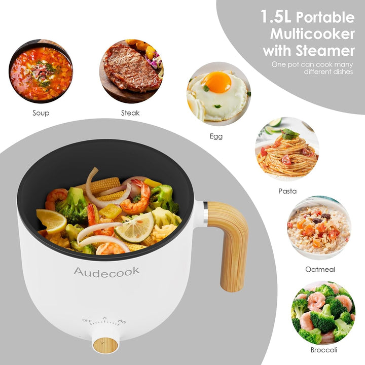 Audecook Elektrische Hot Pot und Dampfgarer, 1.5L Tragbare Mini Antihaft Multikocher, Ramen Kocher,