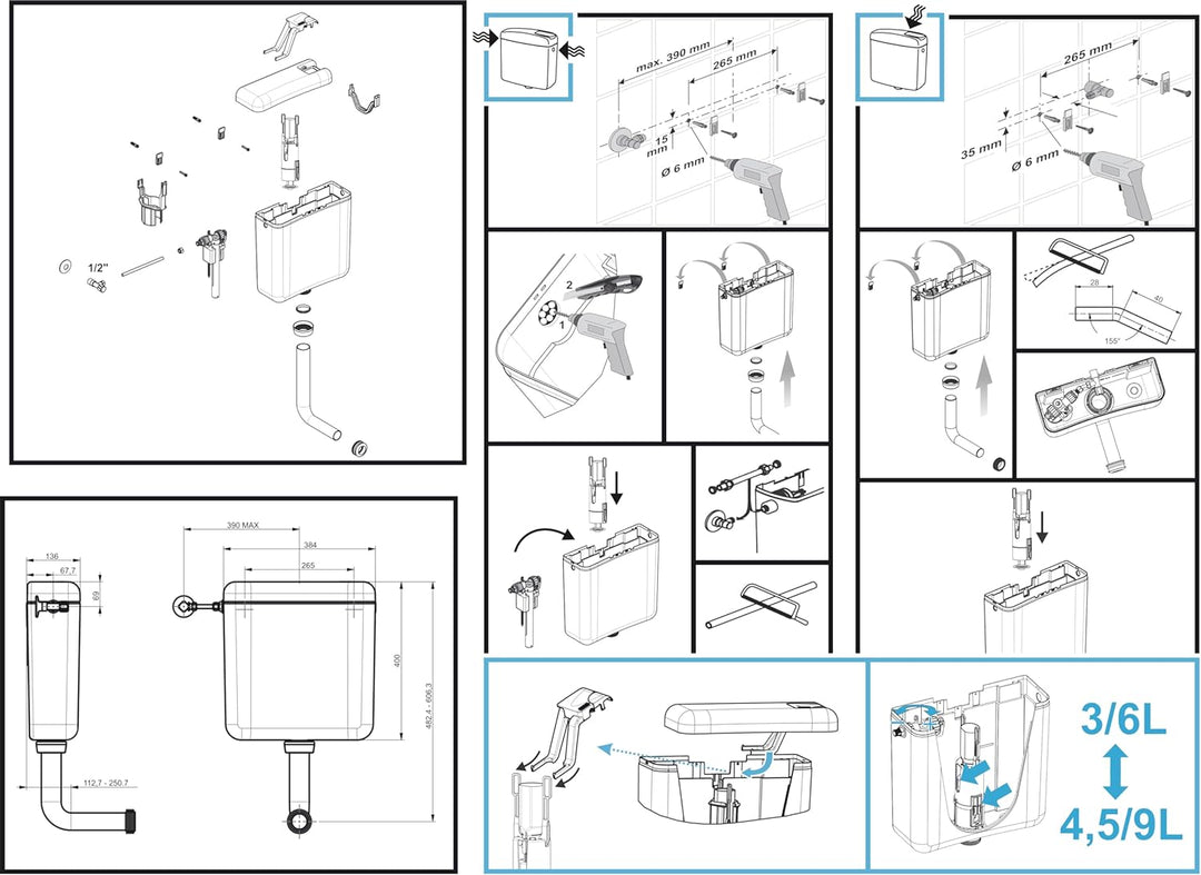 Cornat Spülkasten TRITON, weiss / Zweimengenspülung / Toilettenspülung / Aufputzspülkasten / Toilett