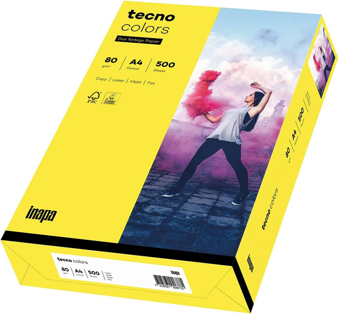 Inapa farbiges Druckerpapier, buntes Papier tecno Colors: 80 g/m², A4, 2.500 Blatt (5x500), gelb