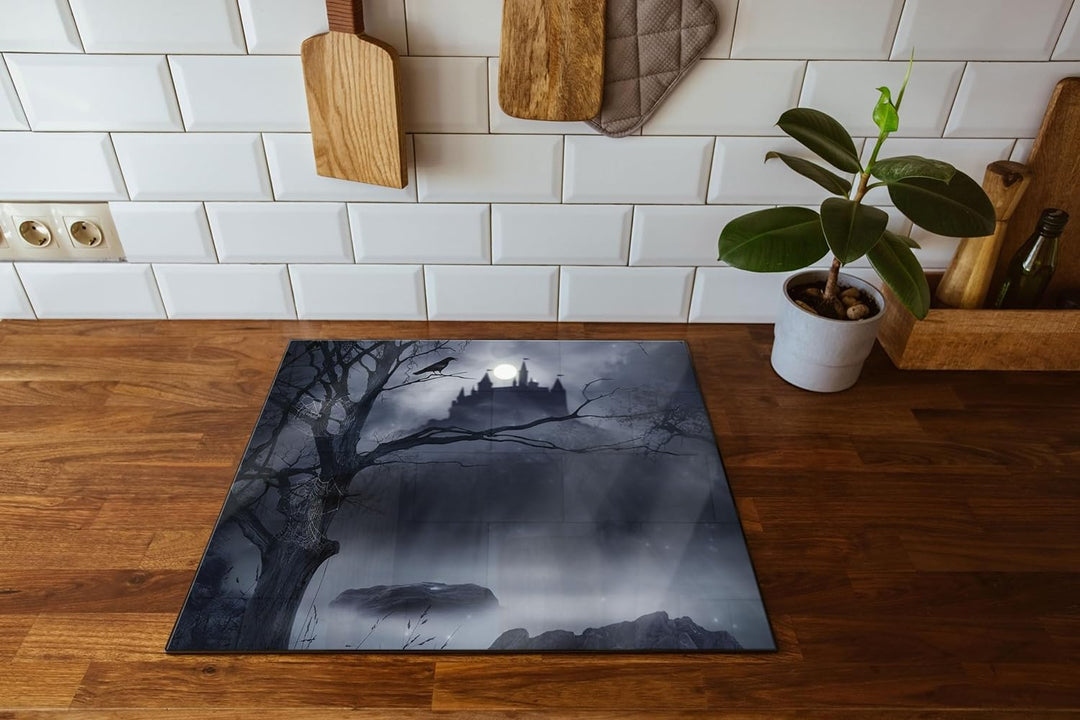 Düstere Burg Herdabdeckplatte & Spritzschutz aus Echtglas | Für Herd-Kochfelder | 60x52 cm