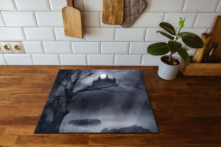 Düstere Burg Herdabdeckplatte & Spritzschutz aus Echtglas | Für Herd-Kochfelder | 60x52 cm