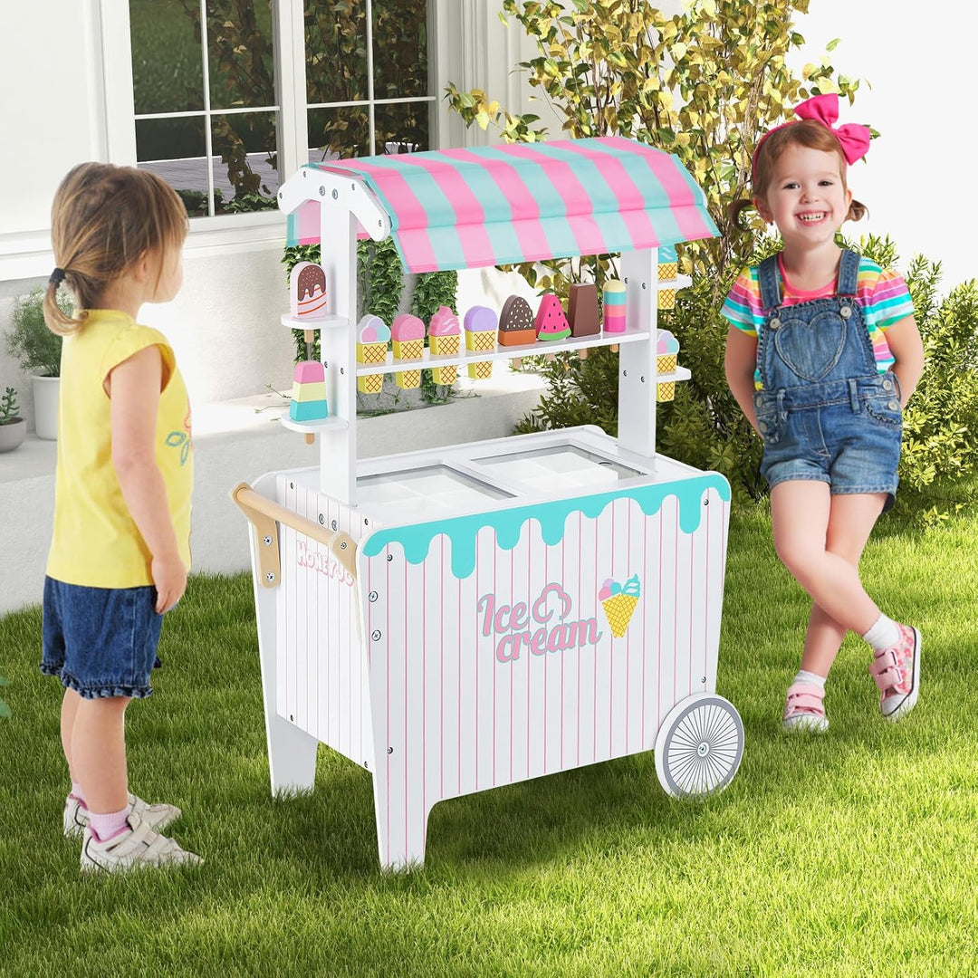 COSTWAY Kinder Eiswagen mit 12 Eiscreme, Kaufladen aus Holz mit 2 Rädern, Schiebegriff & Baldachin,