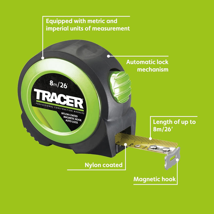 TRACER 8m Automatisches Feststellband (nylonbeschichtetes Massband mit Magnethaken und automatischer