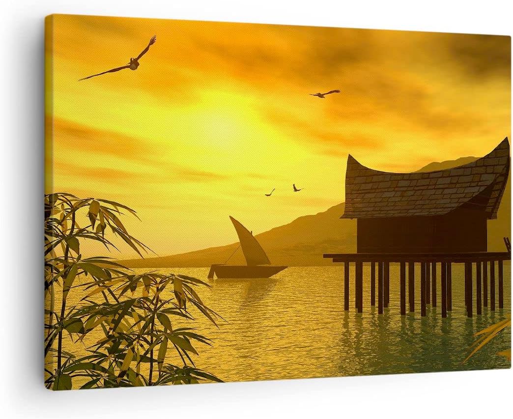 ARTTOR Bilder auf Leinwand Asien Berg Meer Felsen Leinwandbild 70x50cm Wandbilder Dekoration Wohnzim