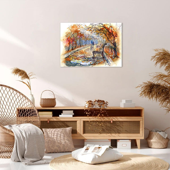 ARTTOR Bilder auf Leinwand Path Bench Herbst Frau Leinwandbild 70x50cm Wandbilder Dekoration Wohnzim
