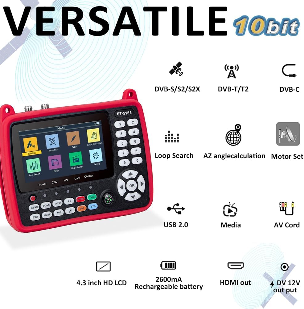 ST-5155 Satfinder DVB-S2/S/T2/T/C, Satelliten Finder(10bit) H.264/265/HEVC mit Bild, Satfinder mit S