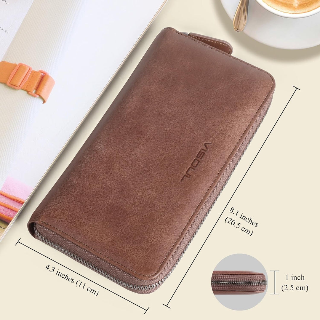 VISOUL Geldbörse aus echtem Leder, lange Geldbörse mit Reissverschluss, für Herren, mit RFID-Blockie