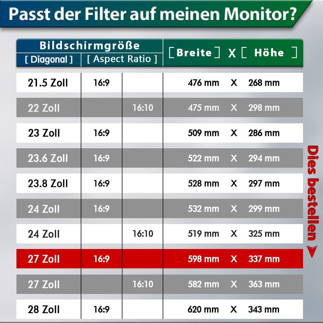 STARY 27 Zoll Monitor Blickschutzfolie 16:9 Seitenverhältnis, Abnehmbarer Anti Blaulicht Blendschutz