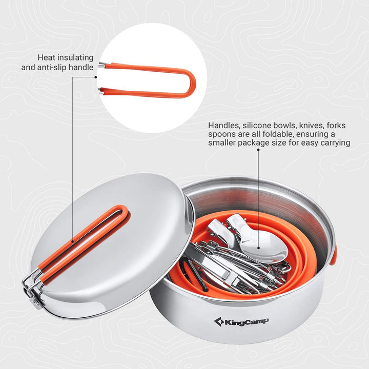KingCamp Camping Kochgeschirr Set Stainless Steel faltbar Kochset Töpfe Set Geschirr Set Outdoor Koc