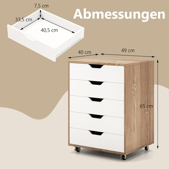 COSTWAY Rollcontainer mit 5 Schubladen, mobiler Aktenschrank mit Rädern, Bürocontainer Schubladensch