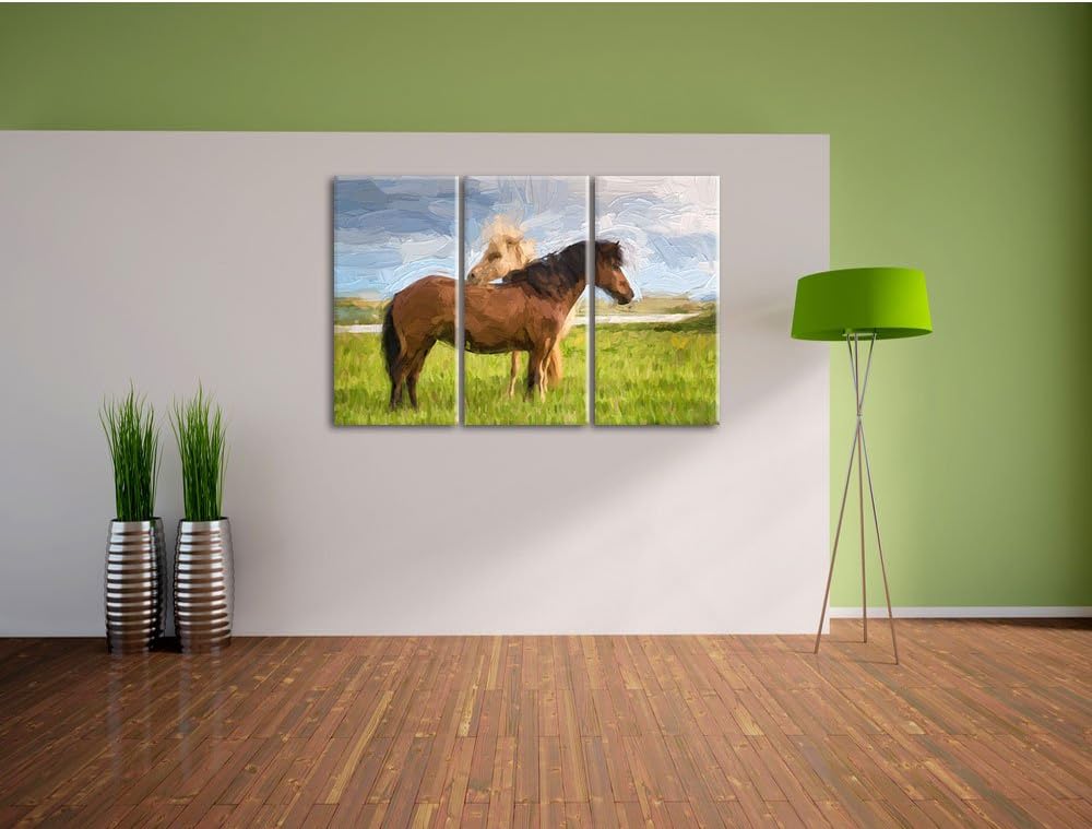 Pixxprint Zwei Pferde auf der Wiese Kunst Pinsel Effekt 3-Teiler Leinwandbild 120x80 Bild auf Leinwa
