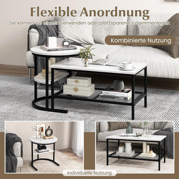 COSTWAY 2er Set Couchtisch, Beistelltisch Marmor Optik mit Metallrahmen & Ablage, Kaffeetisch Wohnzi