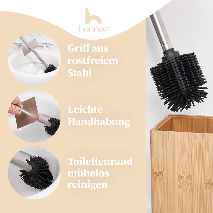 HENNEZ Toilettenbürste Silikon mit Bambus Bürstenhalter - Silikon Toilettenbürste mit Halter Toilett