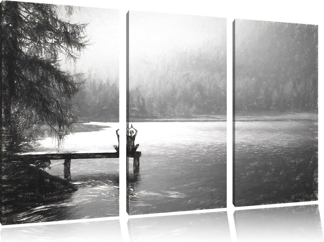 Pixxprint Yoga am See Kunst / 3-Teilig/Gesamtmass 120cm Leinwandbild bespannt auf Holzrahmen/Wandbil