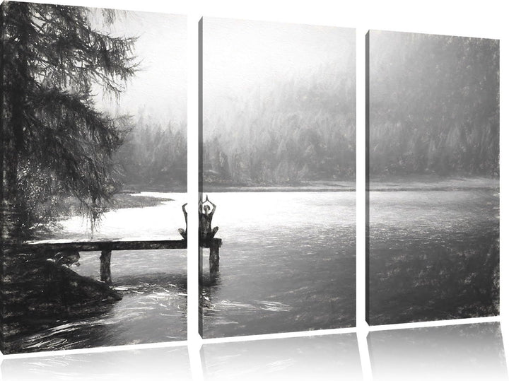 Pixxprint Yoga am See Kunst / 3-Teilig/Gesamtmass 120cm Leinwandbild bespannt auf Holzrahmen/Wandbil