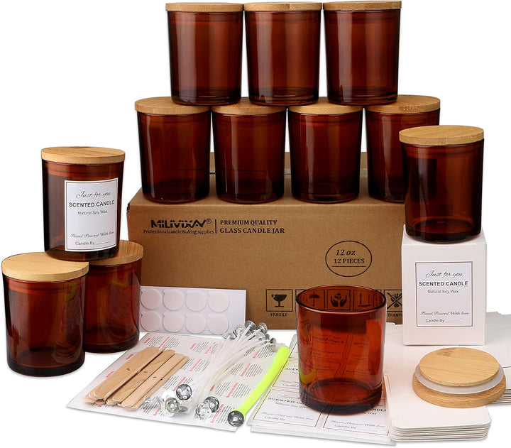 MILIVIXAY 12 Stück 340 ml bernsteinfarbene Kerzengläser mit Deckel und Kerzenherstellungs-Sets – lee