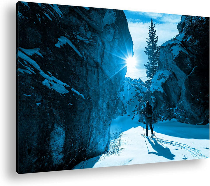 deyoli schneebedeckter Schneepass Format 80x60 Effekt: Monocrome Blau als Leinwandbild, Motiv fertig