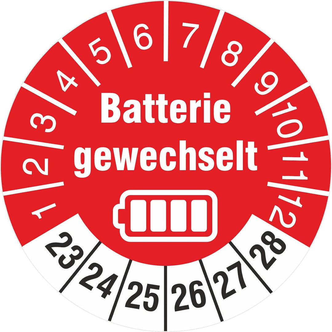 200 Stück Prüfplaketten Batterie gewechselt 30 mm Prüfetiketten 2023-2028 auf Rolle mit Spenderbox s