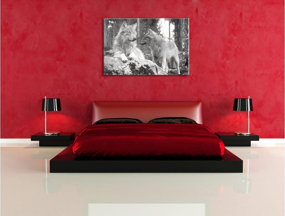 Pixxprint Wölfe im Wald Kunst / 100x70cm Leinwandbild bespannt auf Holzrahmen/Wandbild Kunstdruck De