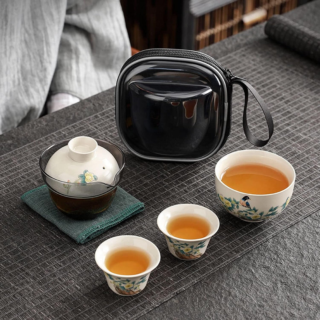 fanquare Tragbare Reise Tee Set mit Reisetasche, Porzellan Teeservice Vogel und Blumen Muster, Teeka