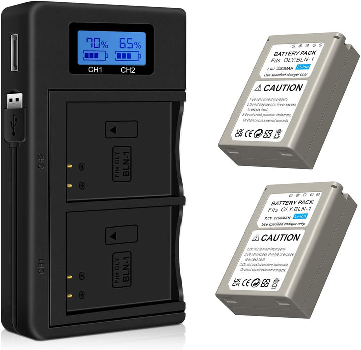 CITYORK Ersatz Akku BLN-1 (2er Pack) und Schnell Doppel LCD Akku Ladegerät für Olympus BLN-1 OM-D E-