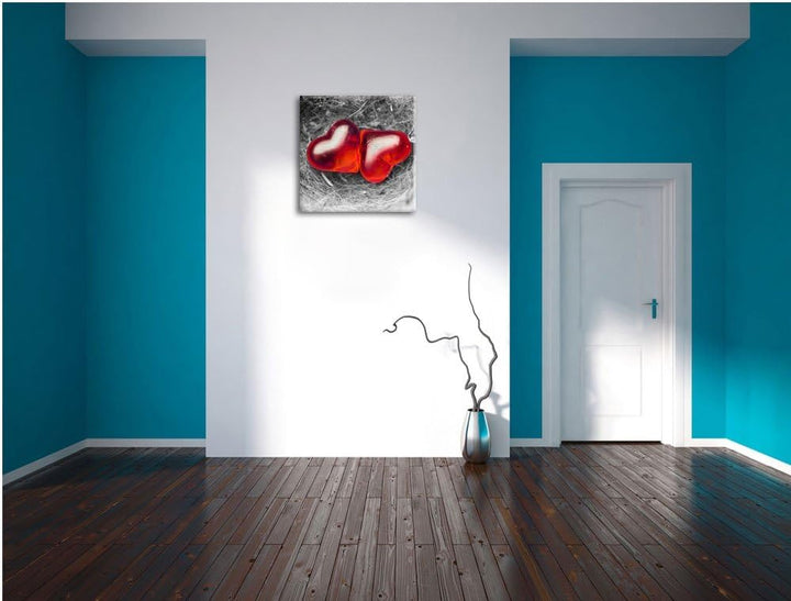 Pixxprint Zwei Herzen in kleinem Nest schwarz/weiss, Format: 70x70 auf Leinwand, 70x70