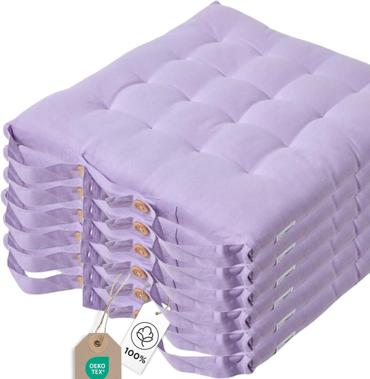 Homescapes 6er Set Stuhlkissen 40 x 40 cm, helles violett, Sitzkissen mit Bändern und Knopfverschlus