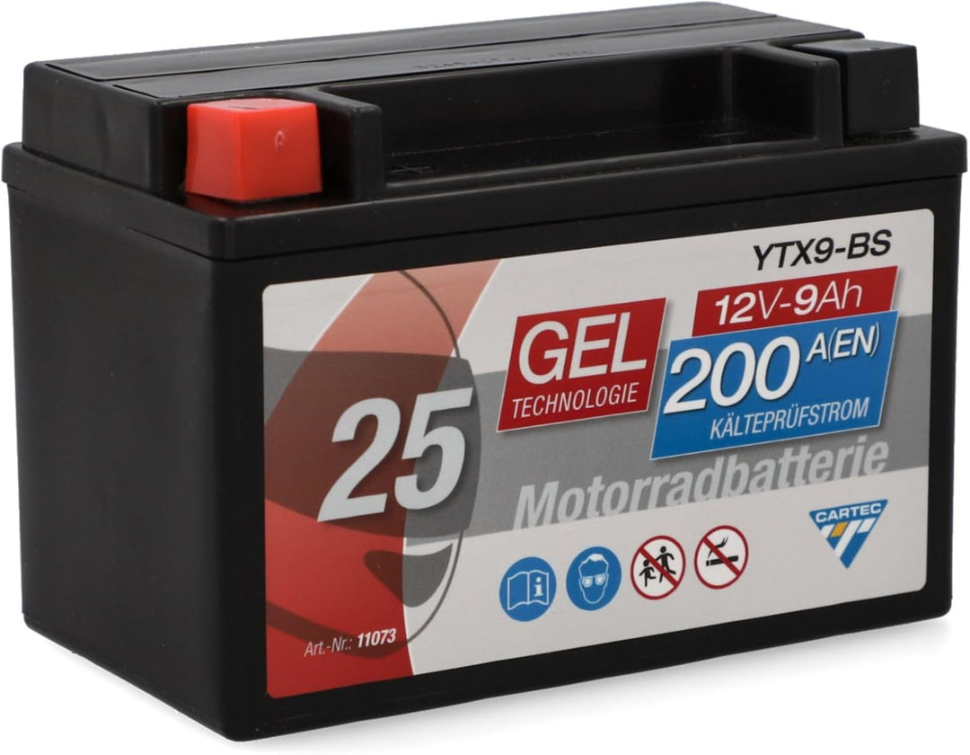 CARTEC Motorradbatterie YTX9-BS, 8Ah, 135A, Gel Technologie Motorrad-Starter-Batterie, Erstausrüster