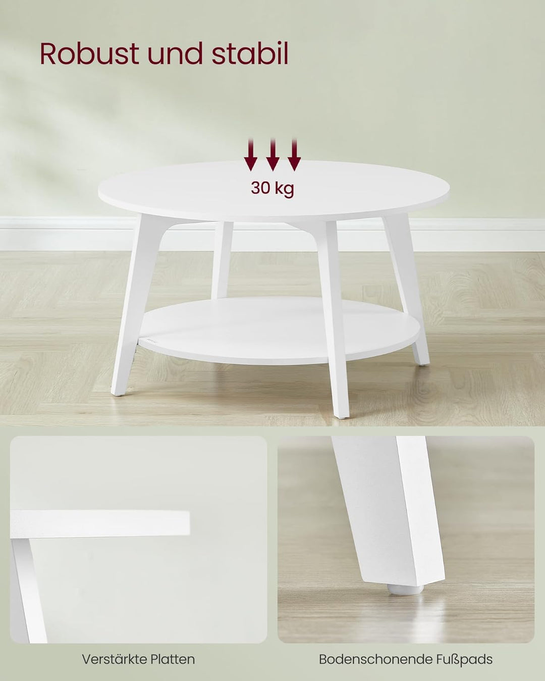 VASAGLE Couchtisch rund, Wohnzimmertisch 2 Ebenen, Kaffeetisch für Wohnzimmer, 80 cm d, 45 cm H, ein