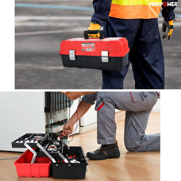 MAXPOWER Werkzeugkoffer leer, Werkzeugkiste gross mit 3 Laden, Werkzeugkasten 42 x 18 x 17 cm mit Me