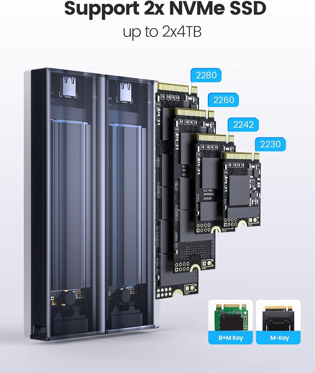 ORICO Dual-bay M.2 NVMe SSD Gehäuse, USB C auf M2 Adapter für M Key PCIe 2230/224/2260/2280 M.2 SSDs