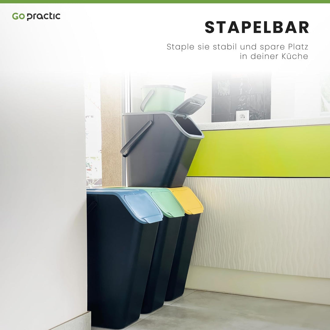 Go Practic 4-er Mülleimer-Set Küche Mülltrennsystem 4x Mülleimer 35l mit Deckel Stapelbar CLICK-Funk