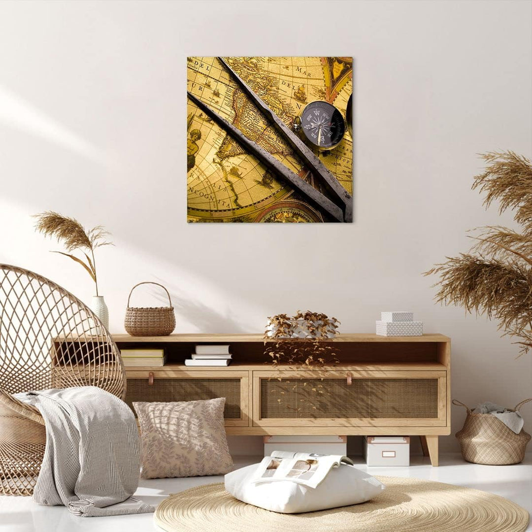 ARTTOR Bilder auf Leinwand Kompass Abenteuer Reisen Leinwandbild 60x60cm Wandbilder Dekoration Wohnz