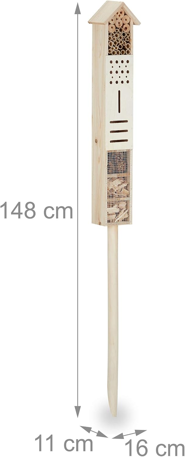 Relaxdays Insektenhotel mit Erdspiess, Nisthilfe Garten, gross, stehend, Bienenhotel Wildbienen, Hol