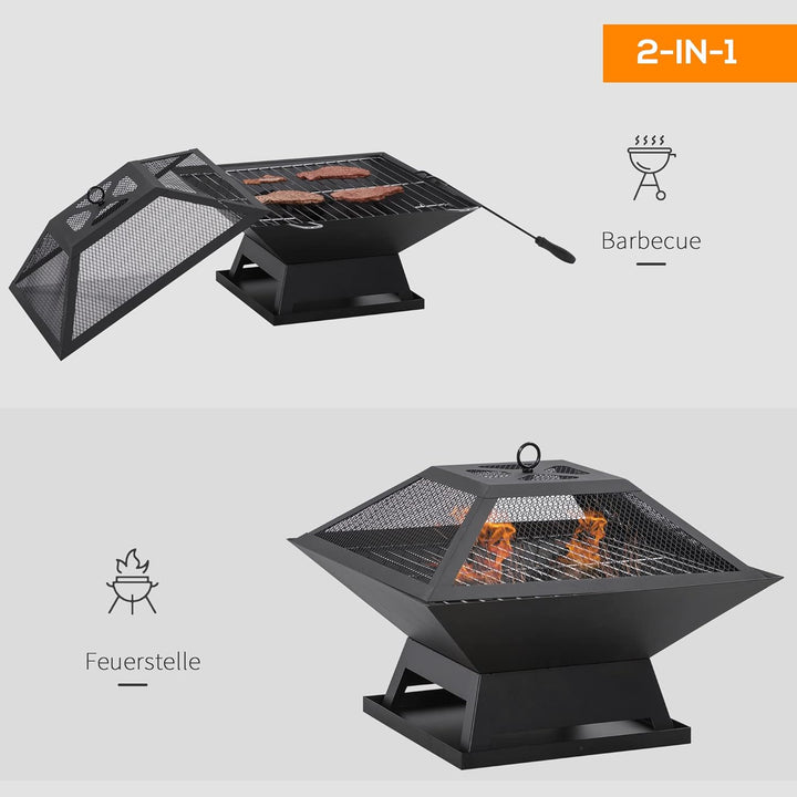 Outsunny Feuerschale mit Funkenschutz Grillrost Schürhaken Feuerkorb Feuerstelle für Garten Camping